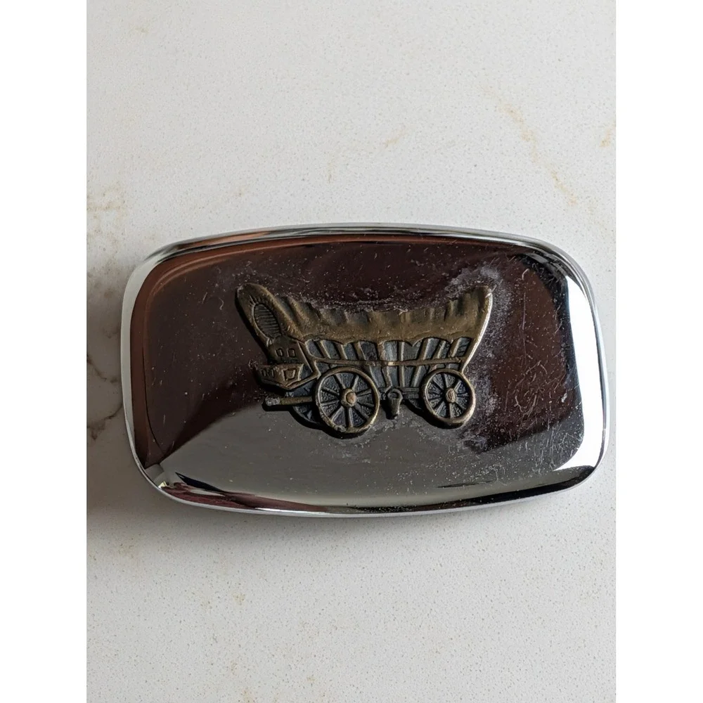Vintage Covered Wagon Belt Buckle Made in USA Chrome Brass Tone Western Pioneer